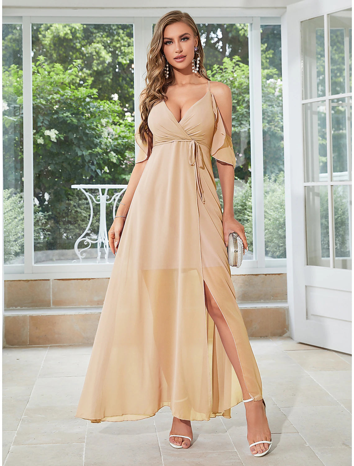 Women's Shift DressesA-Line Wedding Guest Dresses Elegant Dress Party Wear Wedding Party Ankle Length Sleeveless V Neck Chiffon with Ruffles Slit Strappy