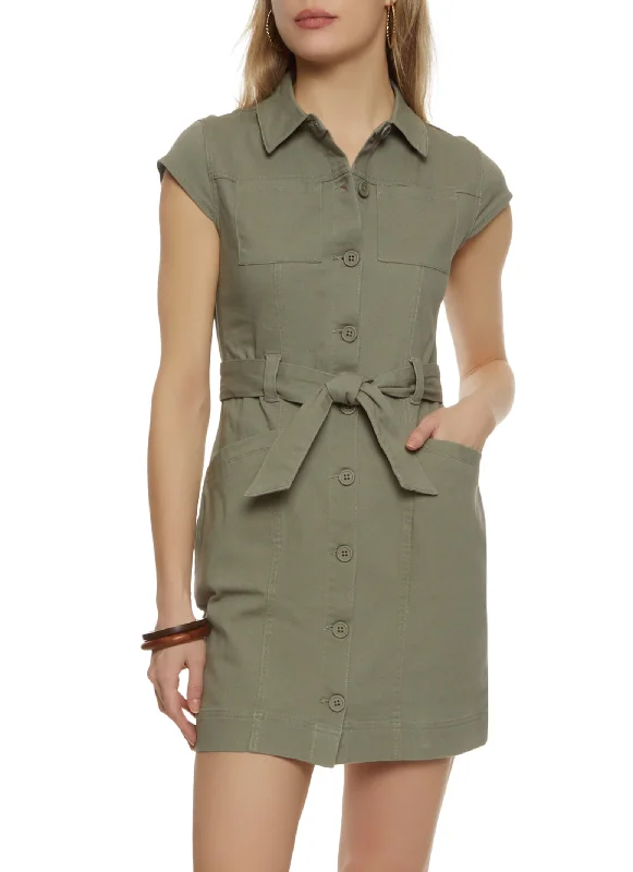 Women's Keyhole-Neck DressesTwill Button Front Belted Shirt Dress