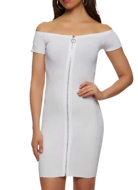 Women's Cold-Shoulder DressesRibbed Zip Front Off the Shoulder Dress