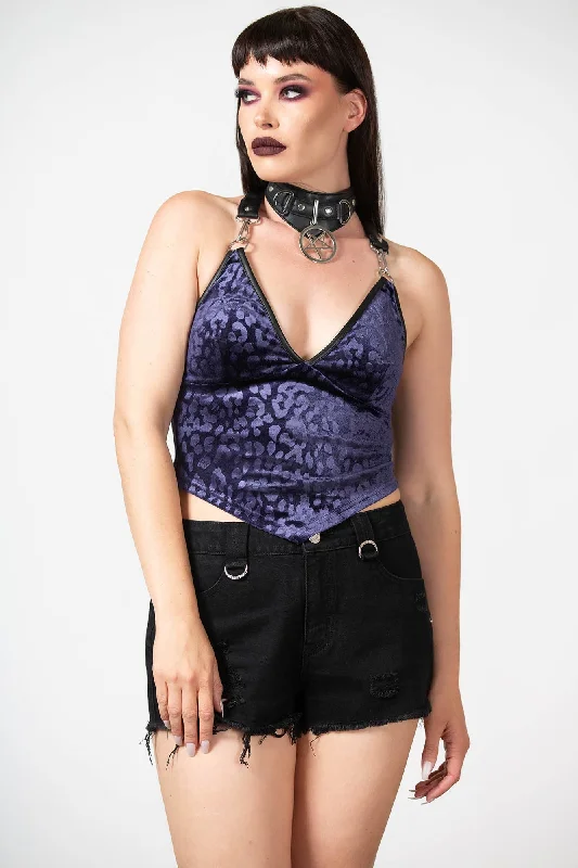 Women's Blouse with Fur TrimAlley Cat Halter Top [PLUM]