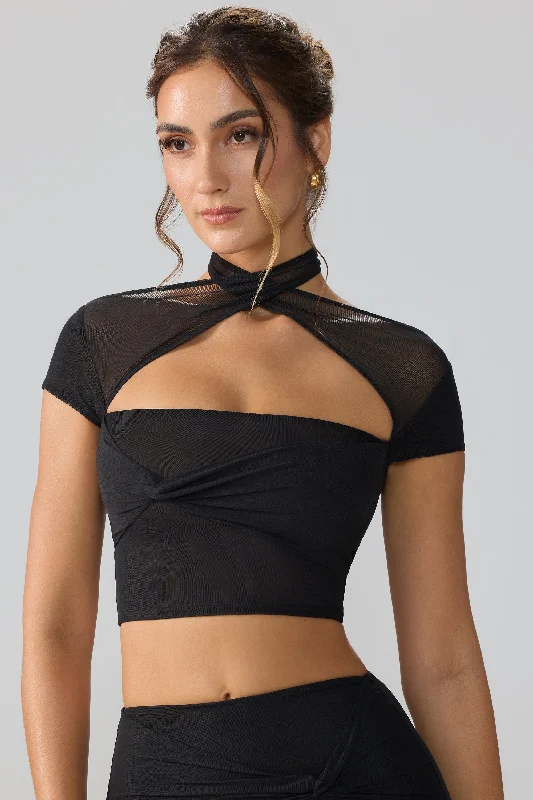 Women's Blouse for HolidayMesh Cap Sleeve Cut Out Crop Top in Black